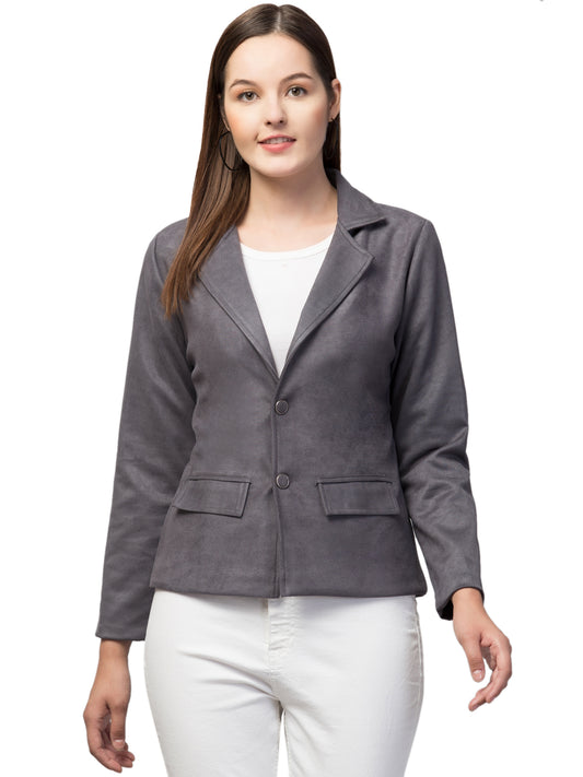 Dark Grey Color Suede Fabric Girls Blazer