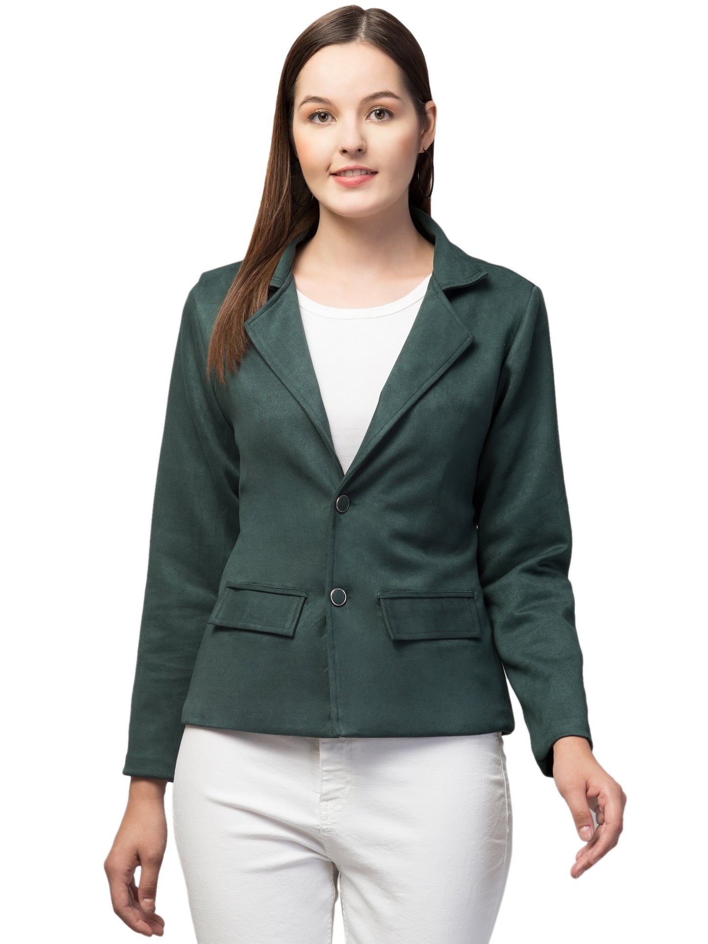 Bottle Green Color Suede Fabric Girls Blazer