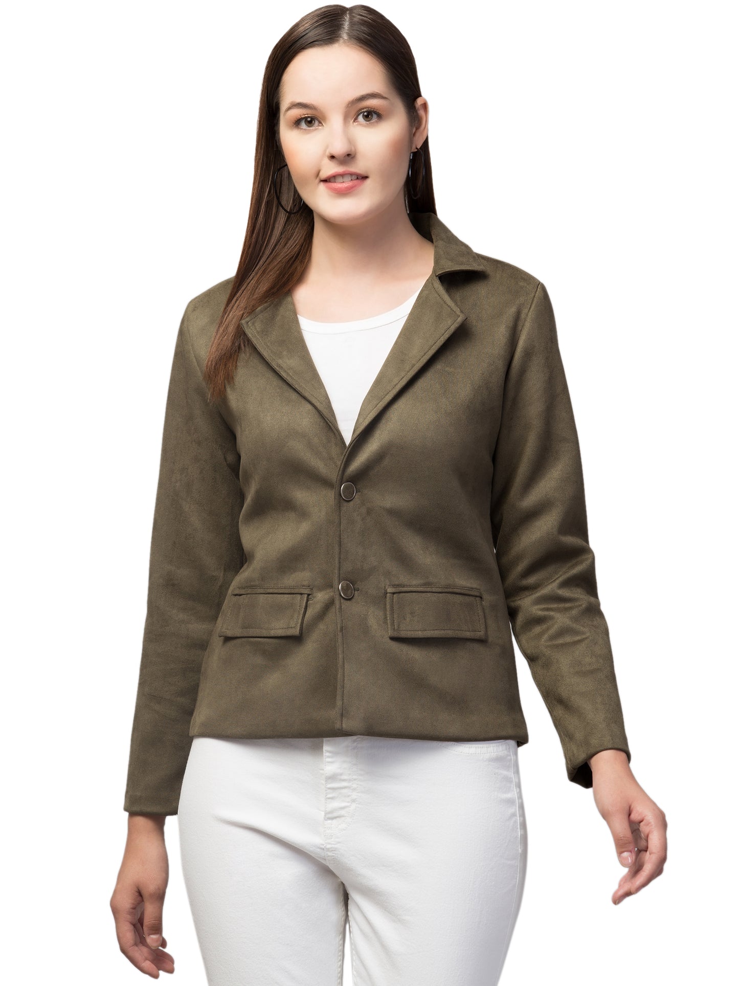 Olive Green Suede Fabric Girls Blazer