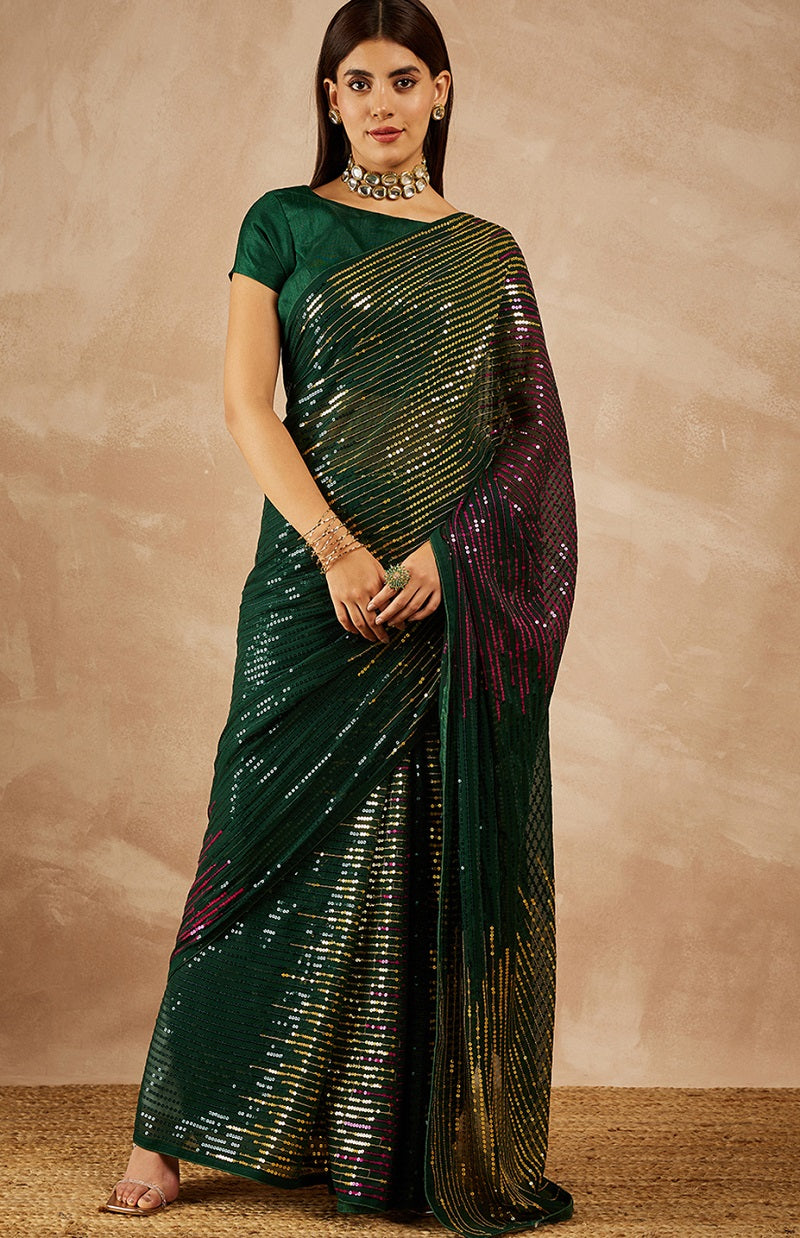 Designer Green Georgette Sequence Embroidered Saree