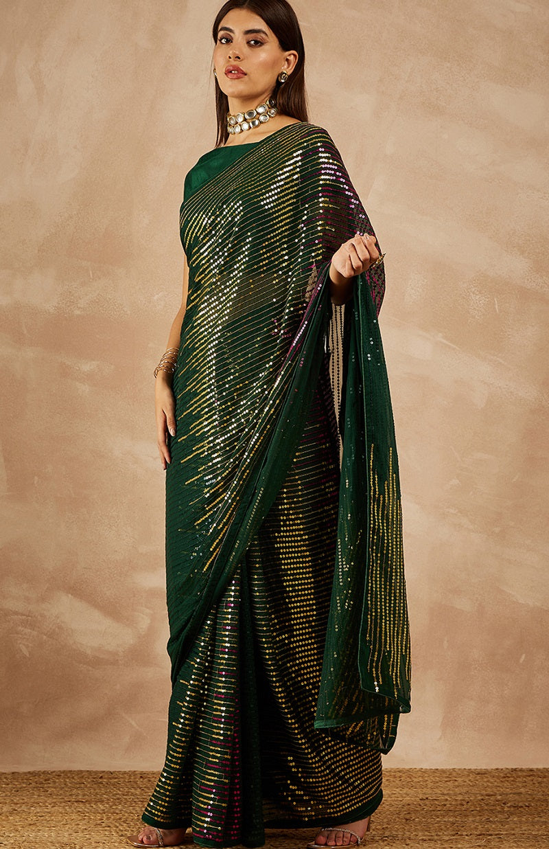 Designer Green Georgette Sequence Embroidered Saree