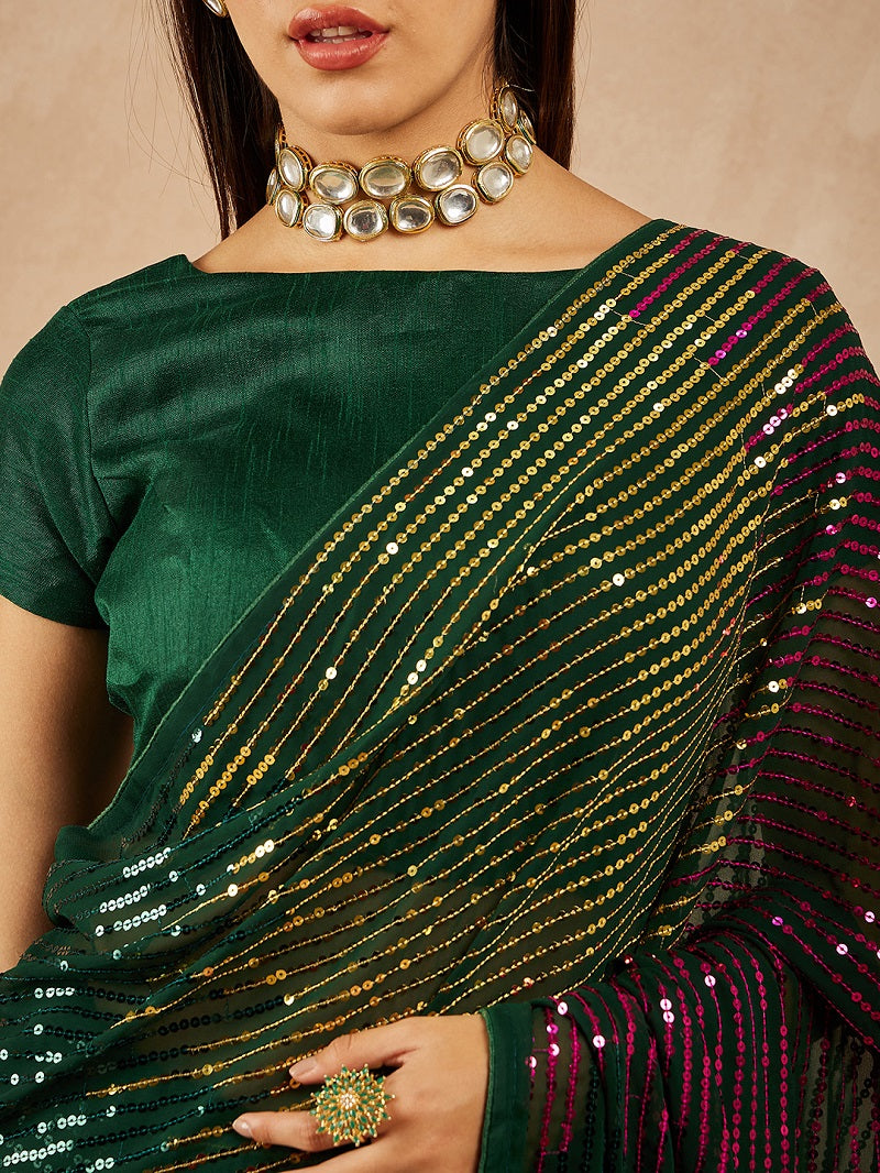 Designer Green Georgette Sequence Embroidered Saree