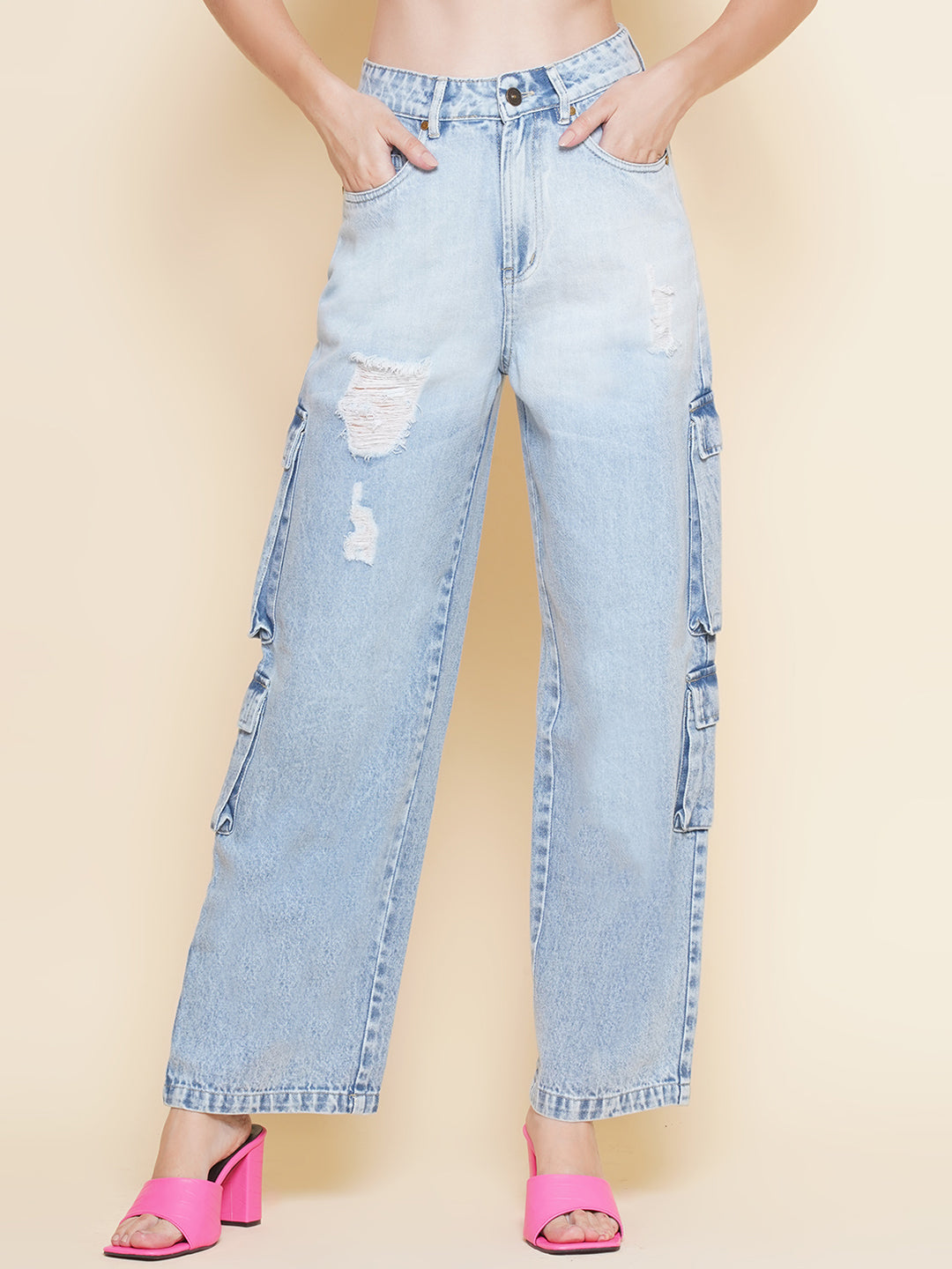 Wide Leg Multi Pocket Cargo Jeans in Light Blue
