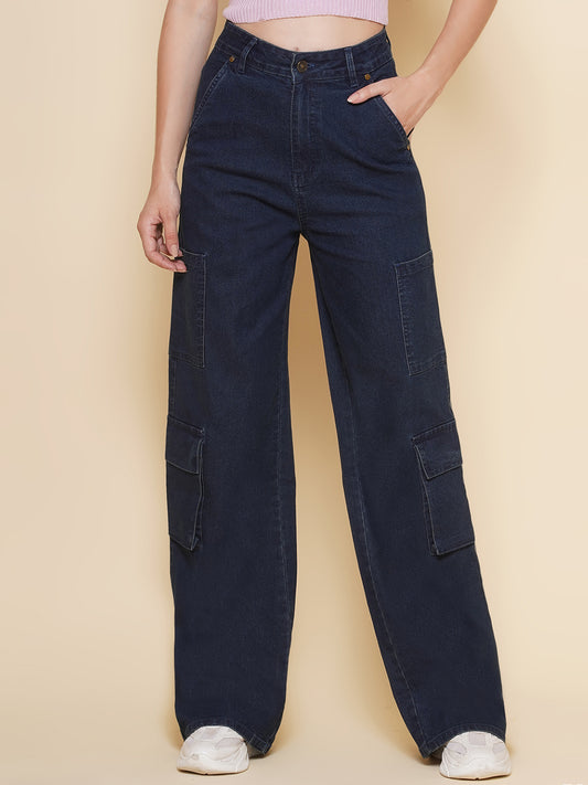 Wide Leg Cargo Women Jeans in Blue