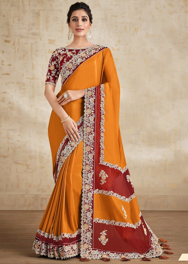 Orange Silk Georgette Embroidered Saree