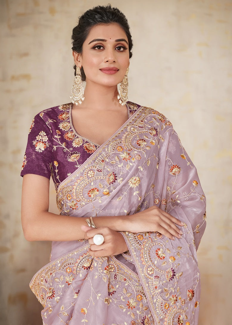 Mauve Satin Silk Embroidered Saree
