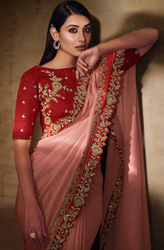 Pink and Red Satin Silk Georgette Embroidered Saree