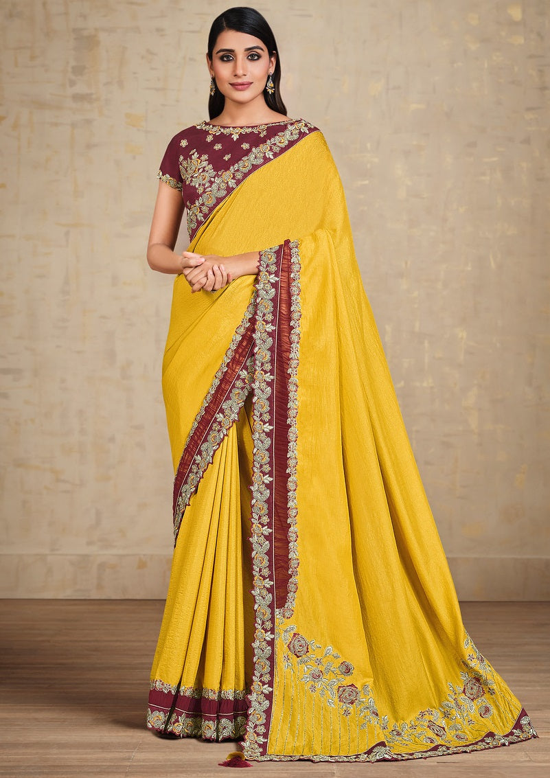 Yellow Tusser Silk Embroidered Saree