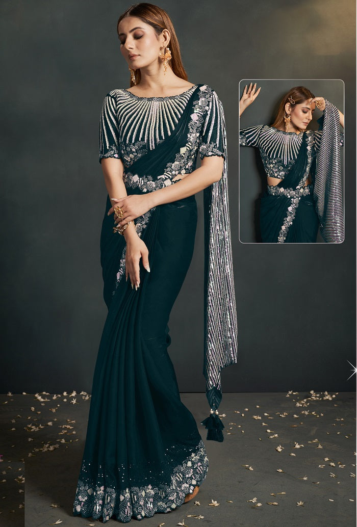 Blue Silk Crepe Satin  Embroidered Saree