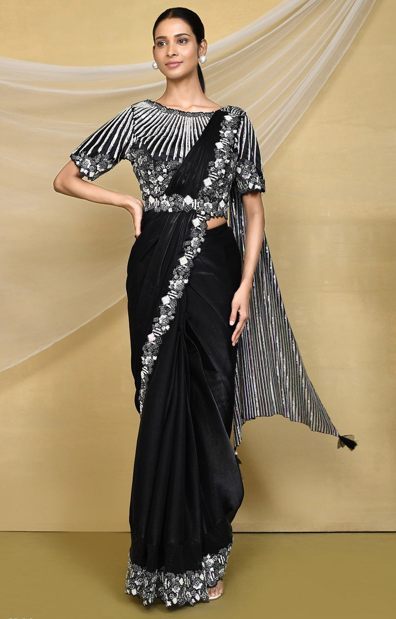 Black Silk Crepe Satin  Embroidered Designer Saree