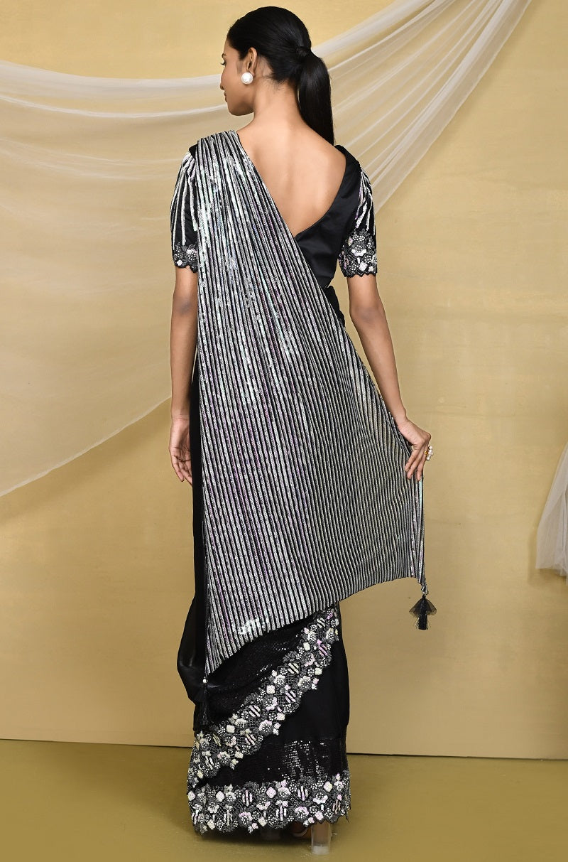 Black Silk Crepe Satin  Embroidered Designer Saree
