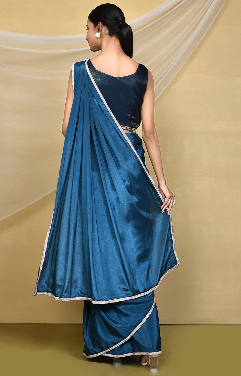 Light Teal Crepe Silk Georgette Embroidered Designer Saree