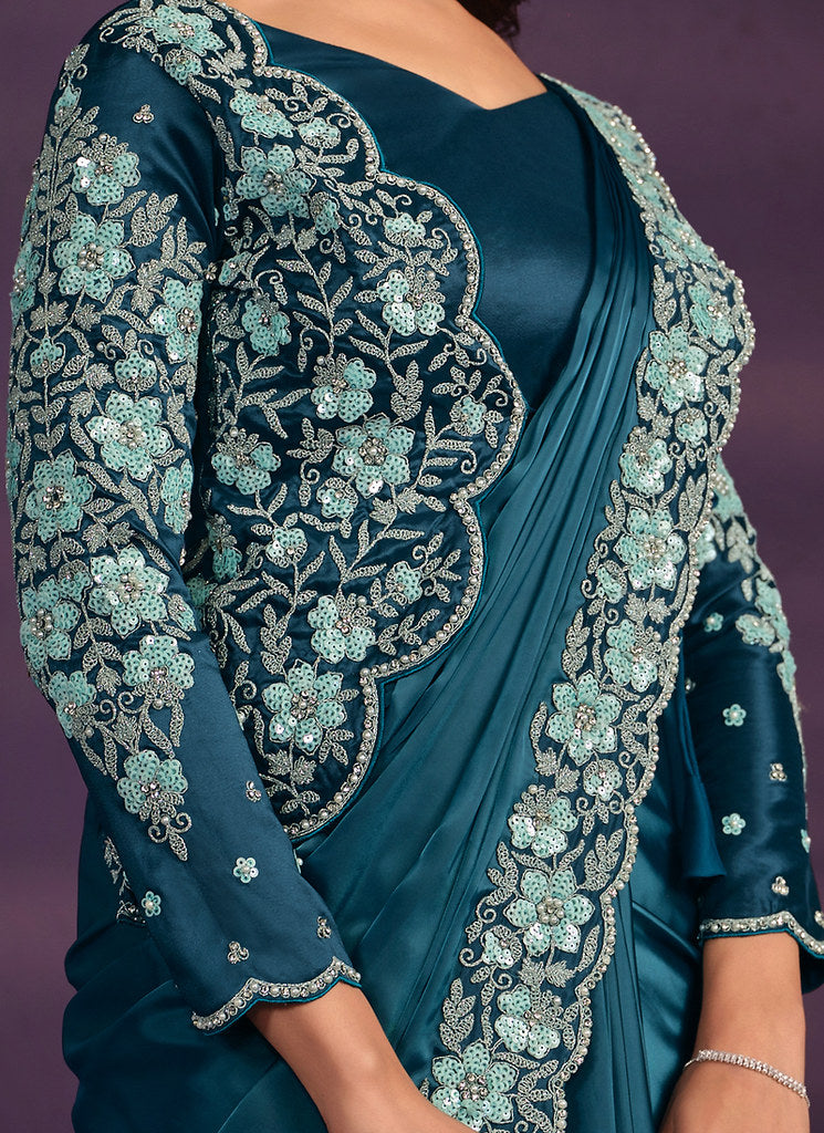 Light Blue Crepe Satin Silk Embroidered Saree