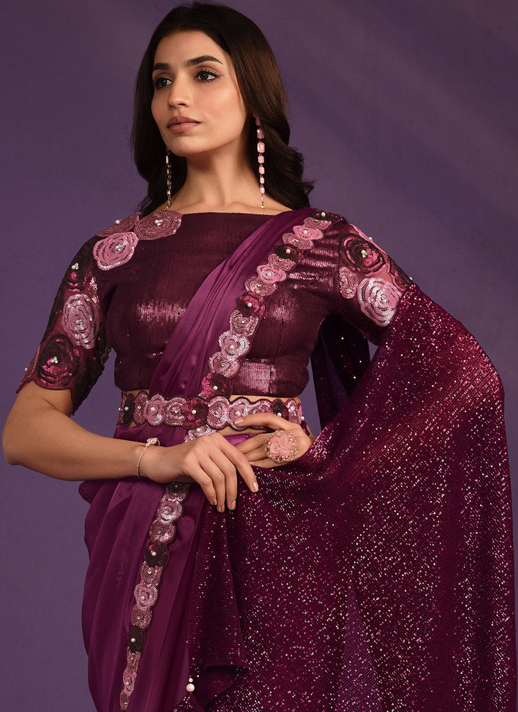 Purple Crepe Satin Silk Embroidered Saree