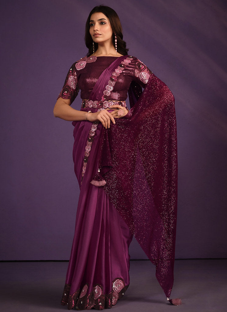 Purple Crepe Satin Silk Embroidered Saree