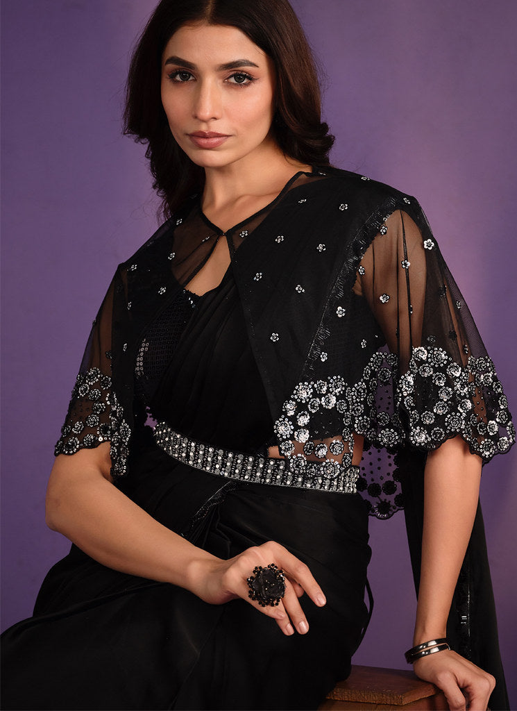 Black Crepe Satin Silk Embroidered Saree