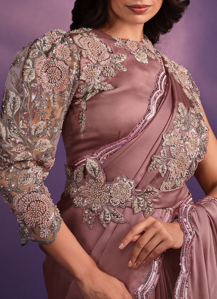 Onion Color Crepe Satin Silk Embroidered Saree