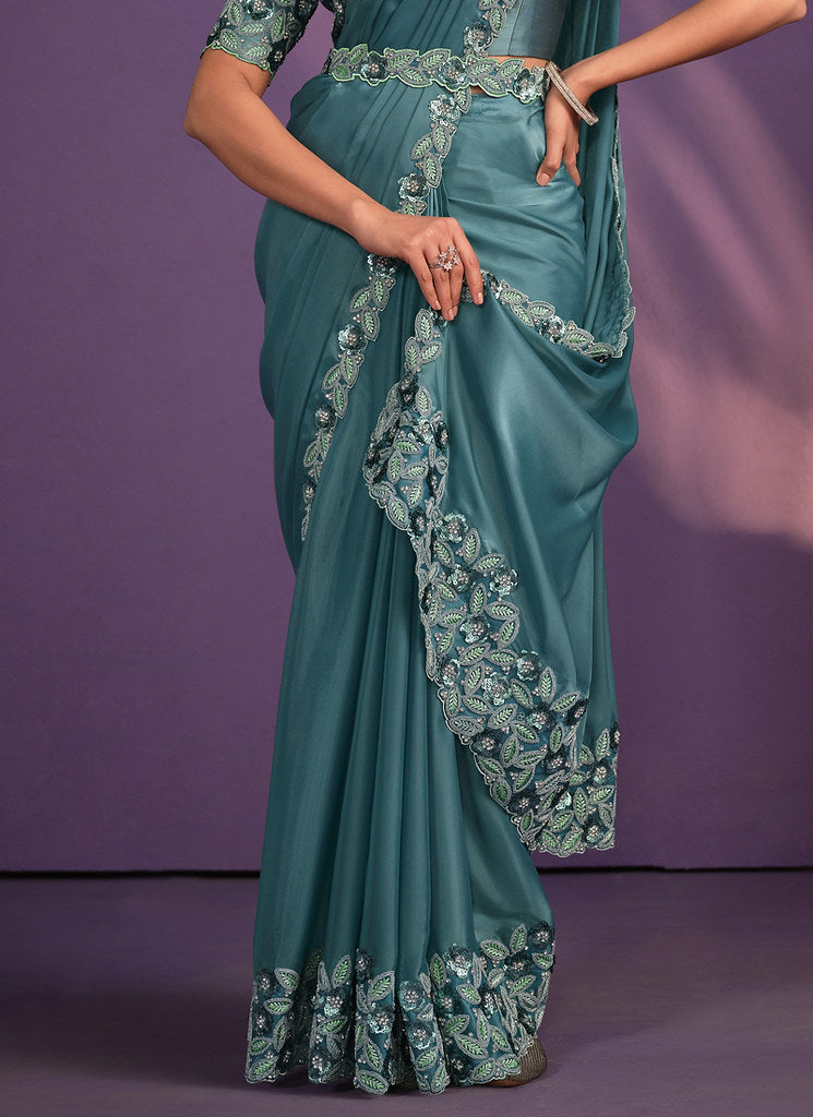 Rama Green Crepe Satin Silk Embroidered Saree