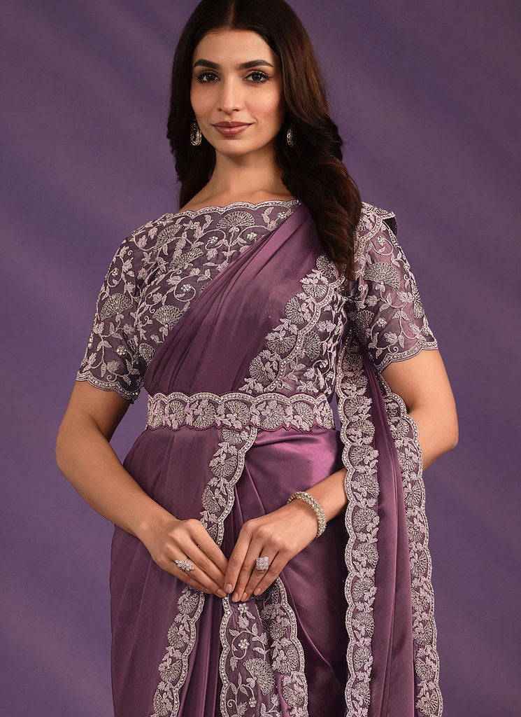 Light Purple Crepe Satin Silk Embroidered Saree