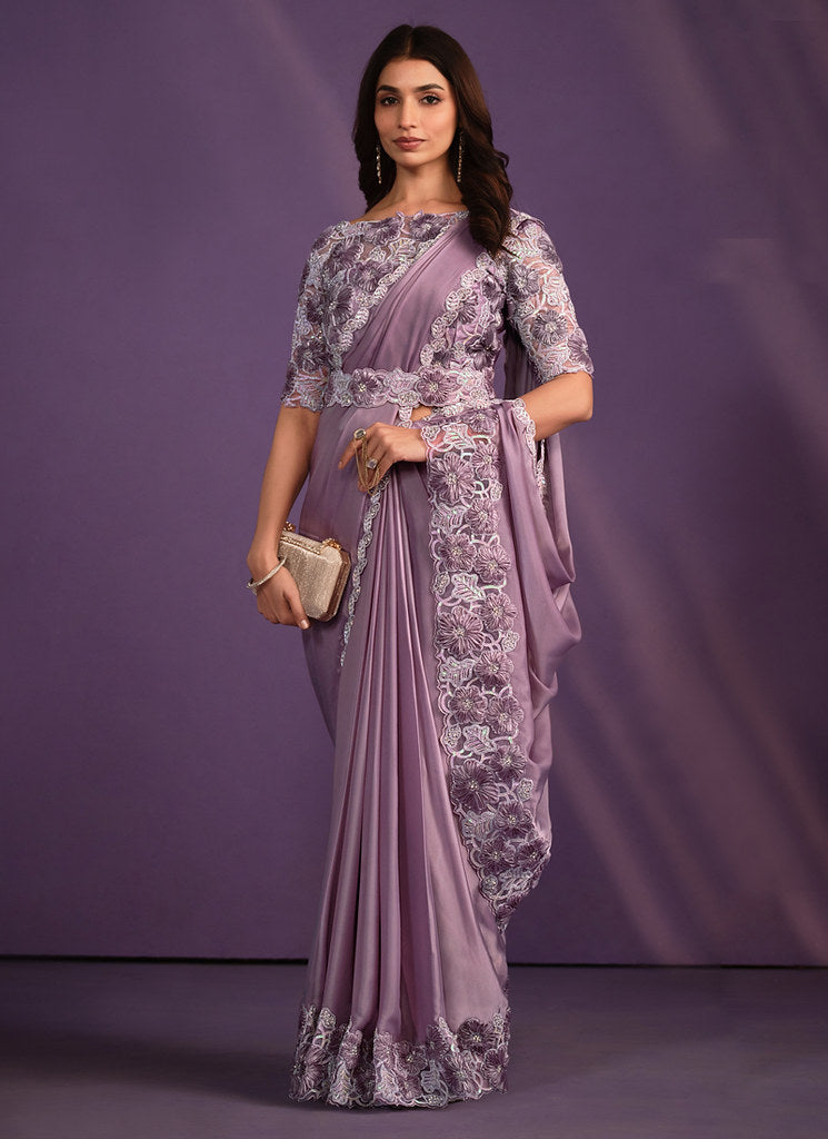 Lavender Crepe Satin Silk Embroidered Saree