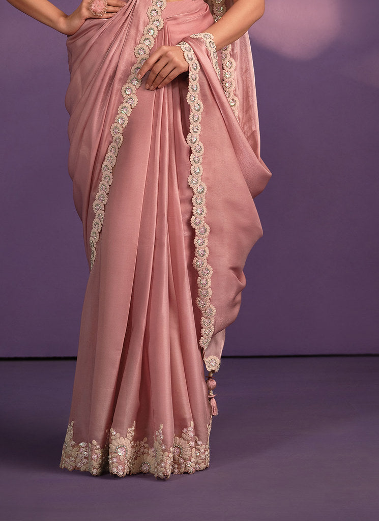 Pink Crepe Georgette Silk Embroidered Saree