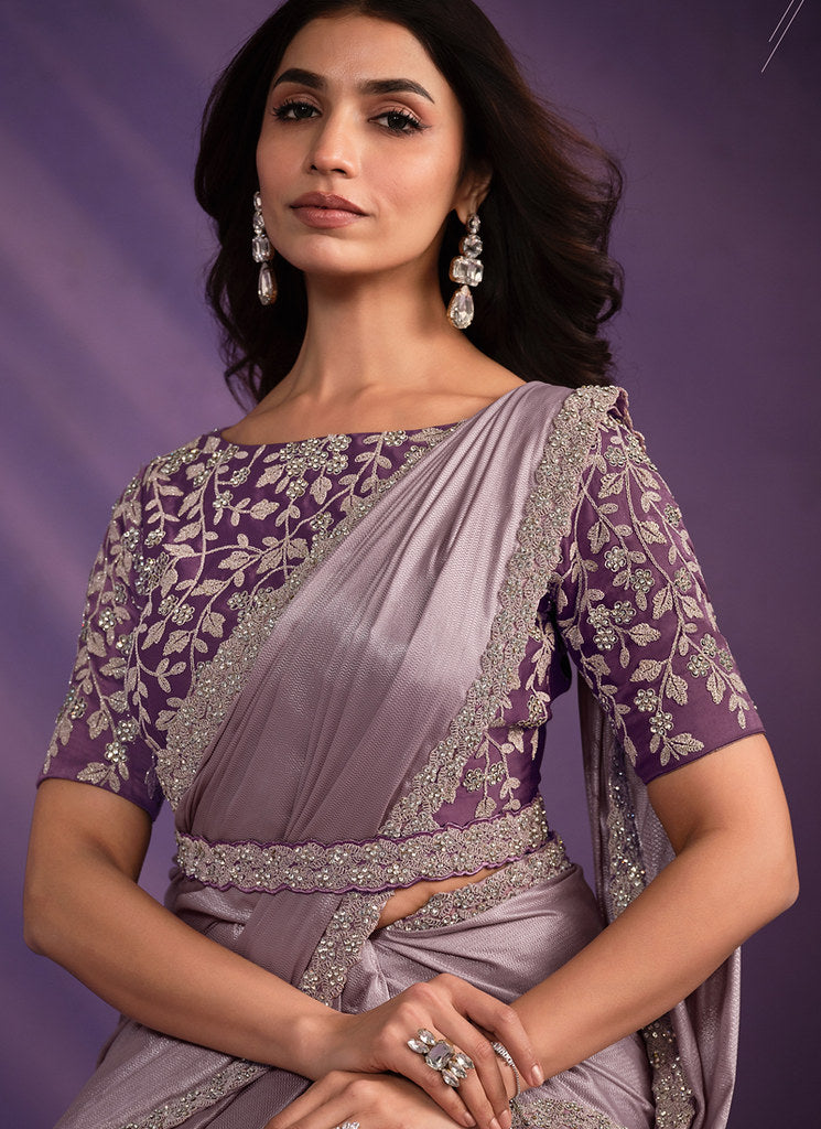 Purple Pattern Georgette Embroidered Saree
