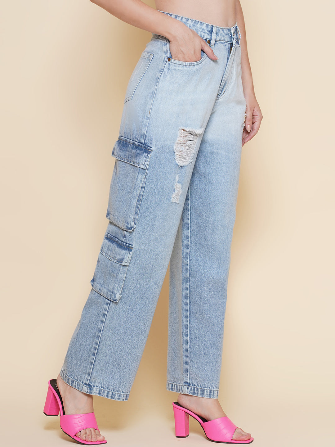 Wide Leg Multi Pocket Cargo Jeans in Light Blue