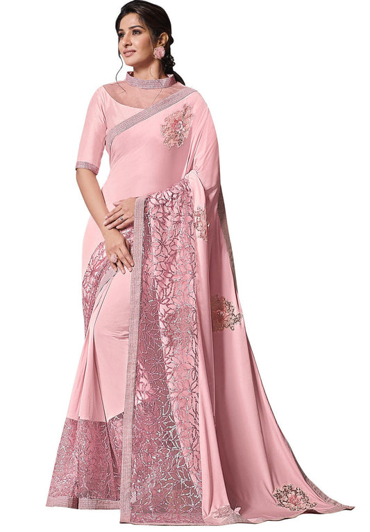 Pink Color Sequins Work Lycra Saree