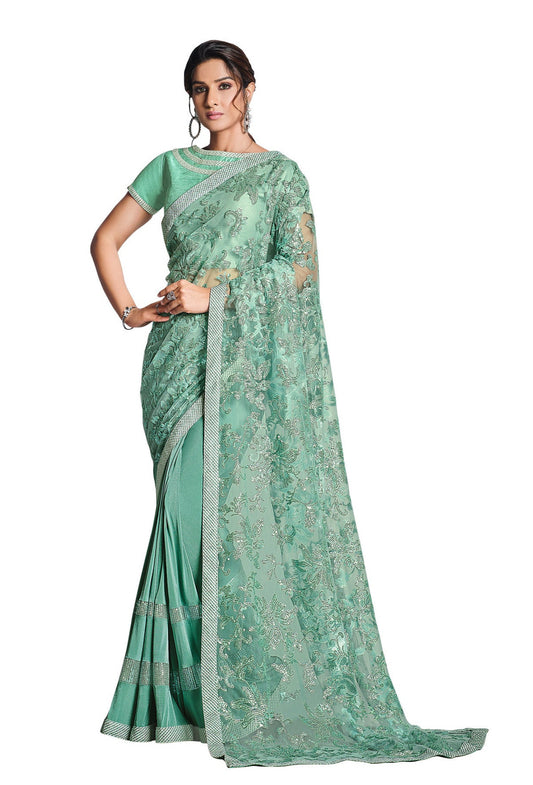 Aqua Green Color Sequins Work Saree
