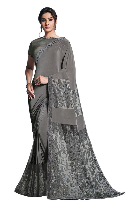 Grey Color Sequins Work Saree