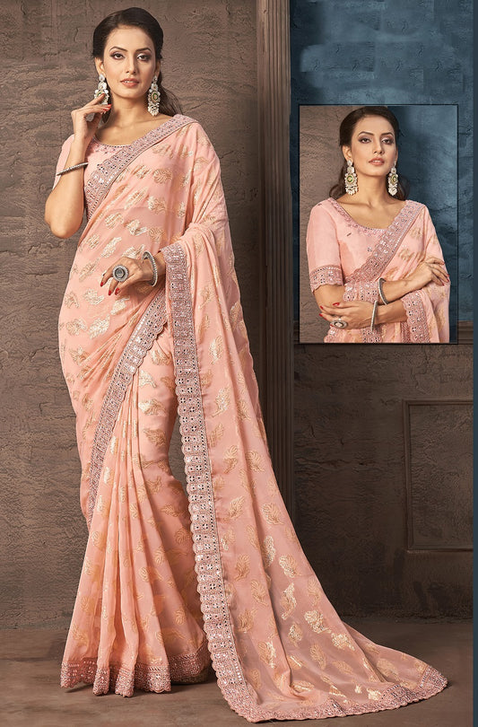 Orange Georgette Zari Jacquard Foil Print Saree
