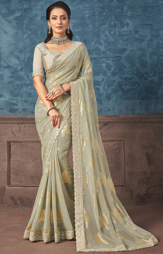 Dust Georgette Zari Jacquard Foil Print Saree