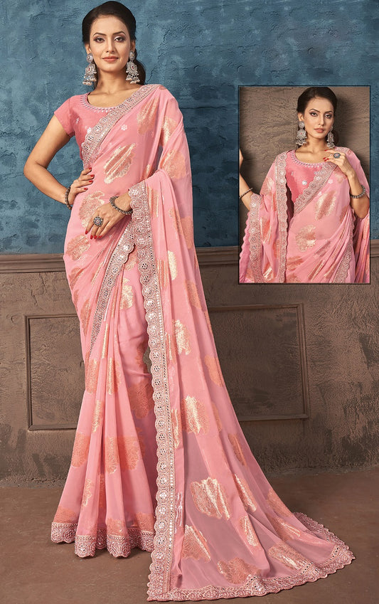 Peach Georgette Zari Jacquard Foil Print Saree