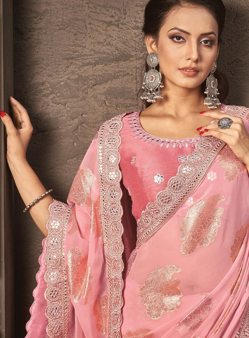 Peach Georgette Zari Jacquard Foil Print Saree