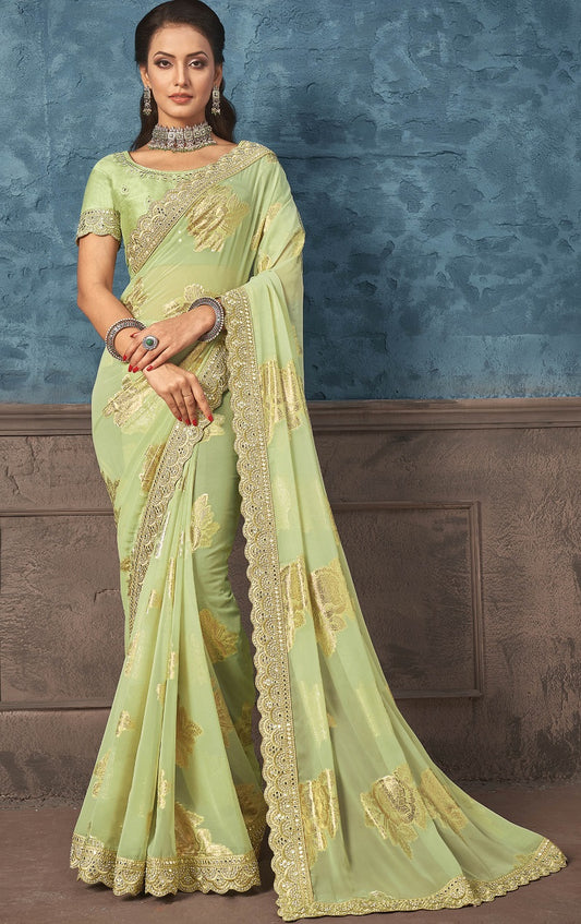 Green Georgette Zari Jacquard Foil Print Saree