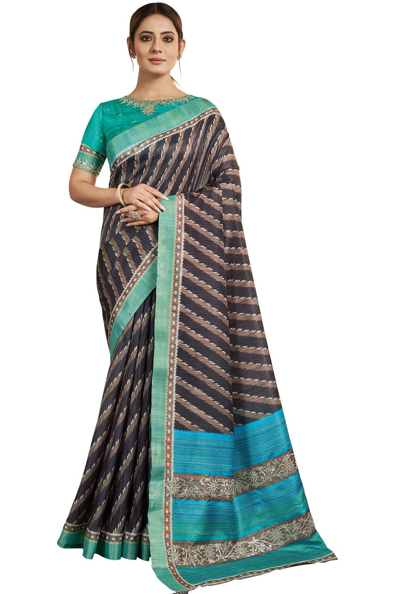 Navy Blue Bhagalpuri Silk Printed Stone Work Saree