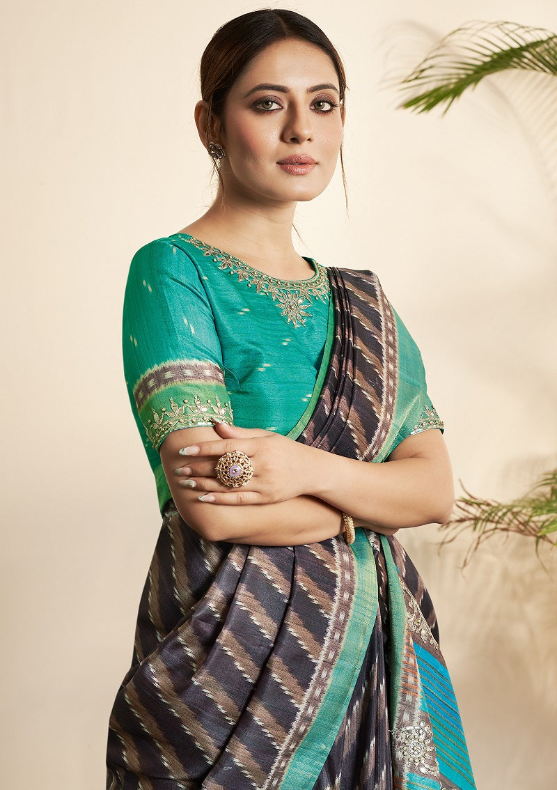 Navy Blue Bhagalpuri Silk Printed Stone Work Saree