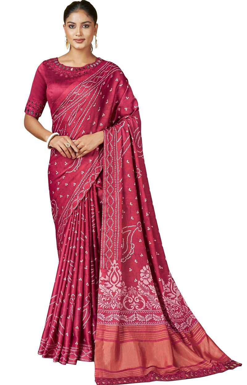 Pink Gajji Silk Bandhani Print Mirror Work Saree