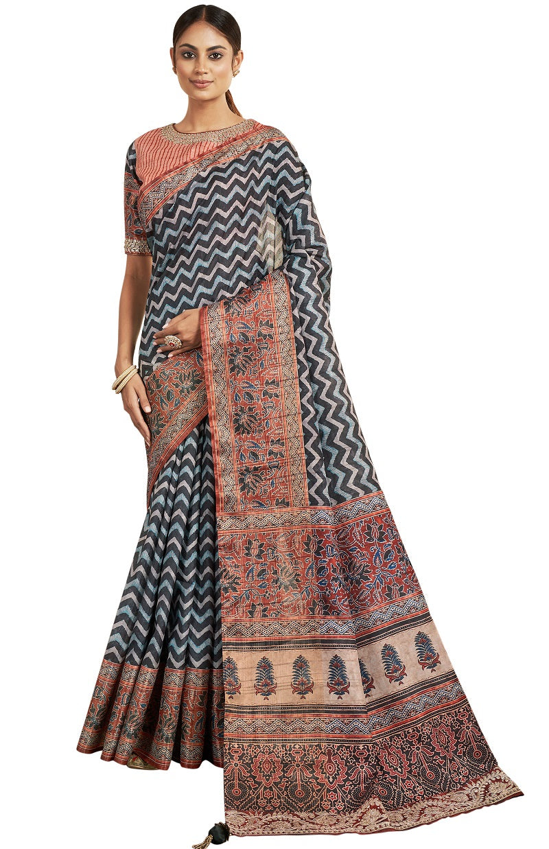 Blue Bhagalpuri Silk Stone Work & Hand Work Saree