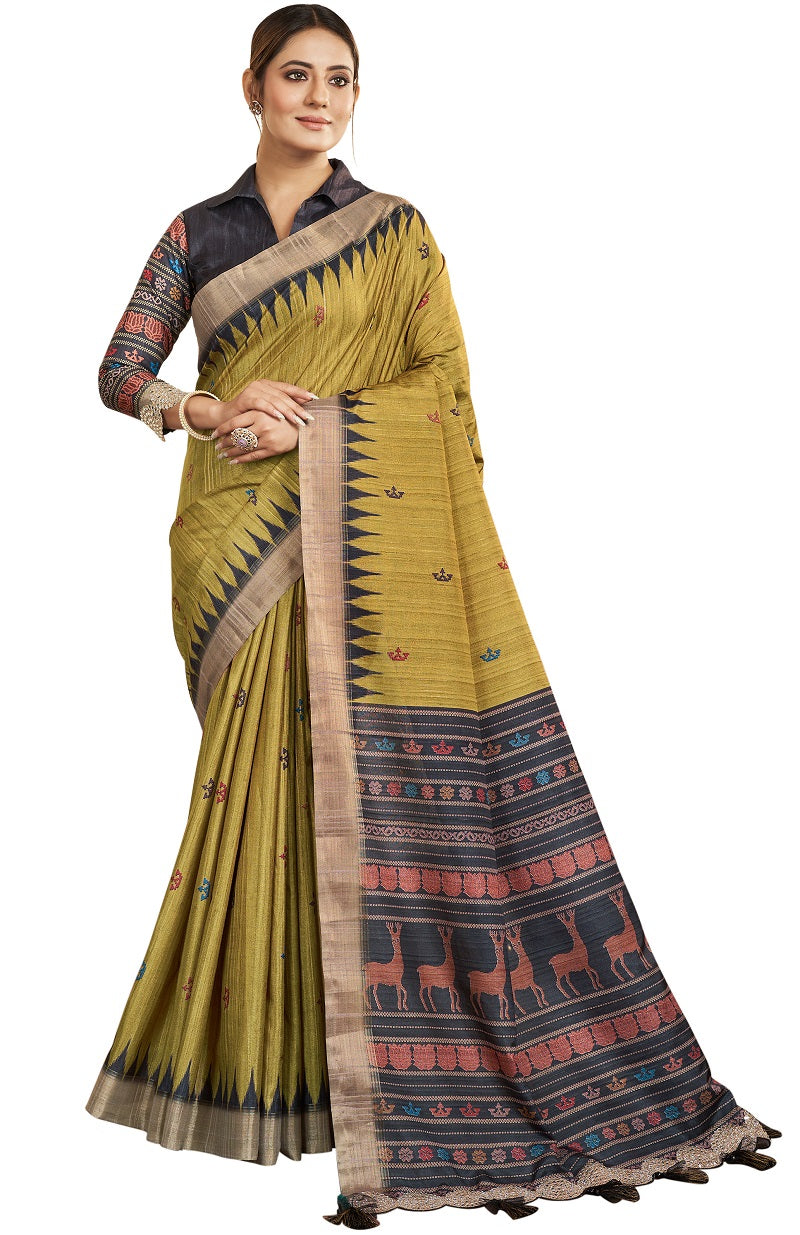 Olive Green Bhagalpuri Silk Mirror Work Border Saree