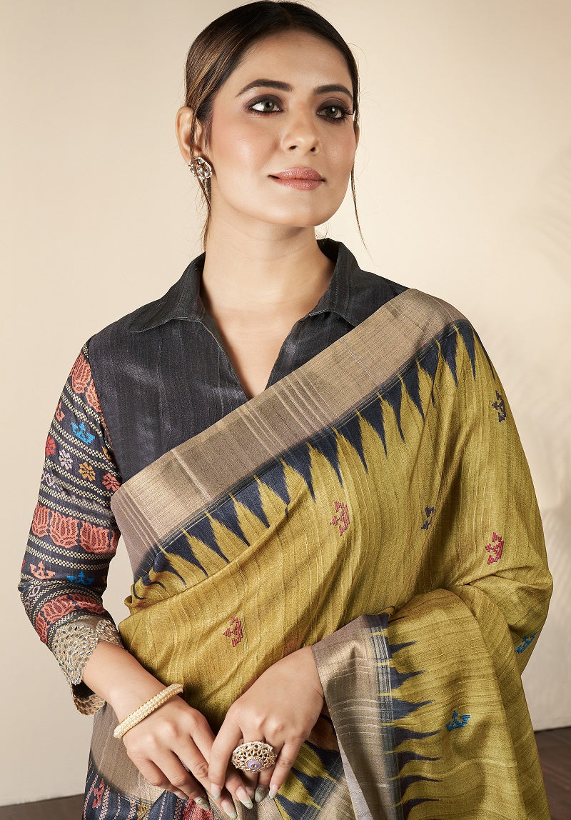 Olive Green Bhagalpuri Silk Mirror Work Border Saree