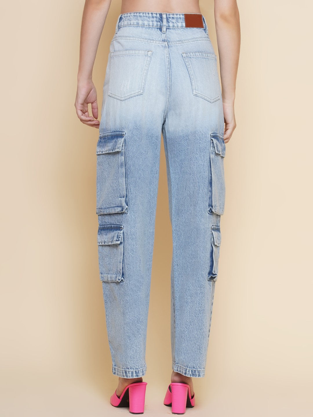 Wide Leg Multi Pocket Cargo Jeans in Light Blue