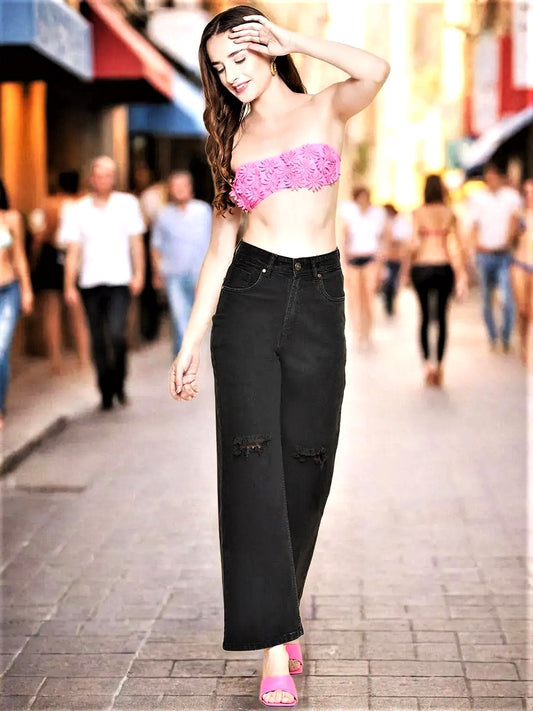 Charcoal Grey Women's Straight Knee Slit Jeans