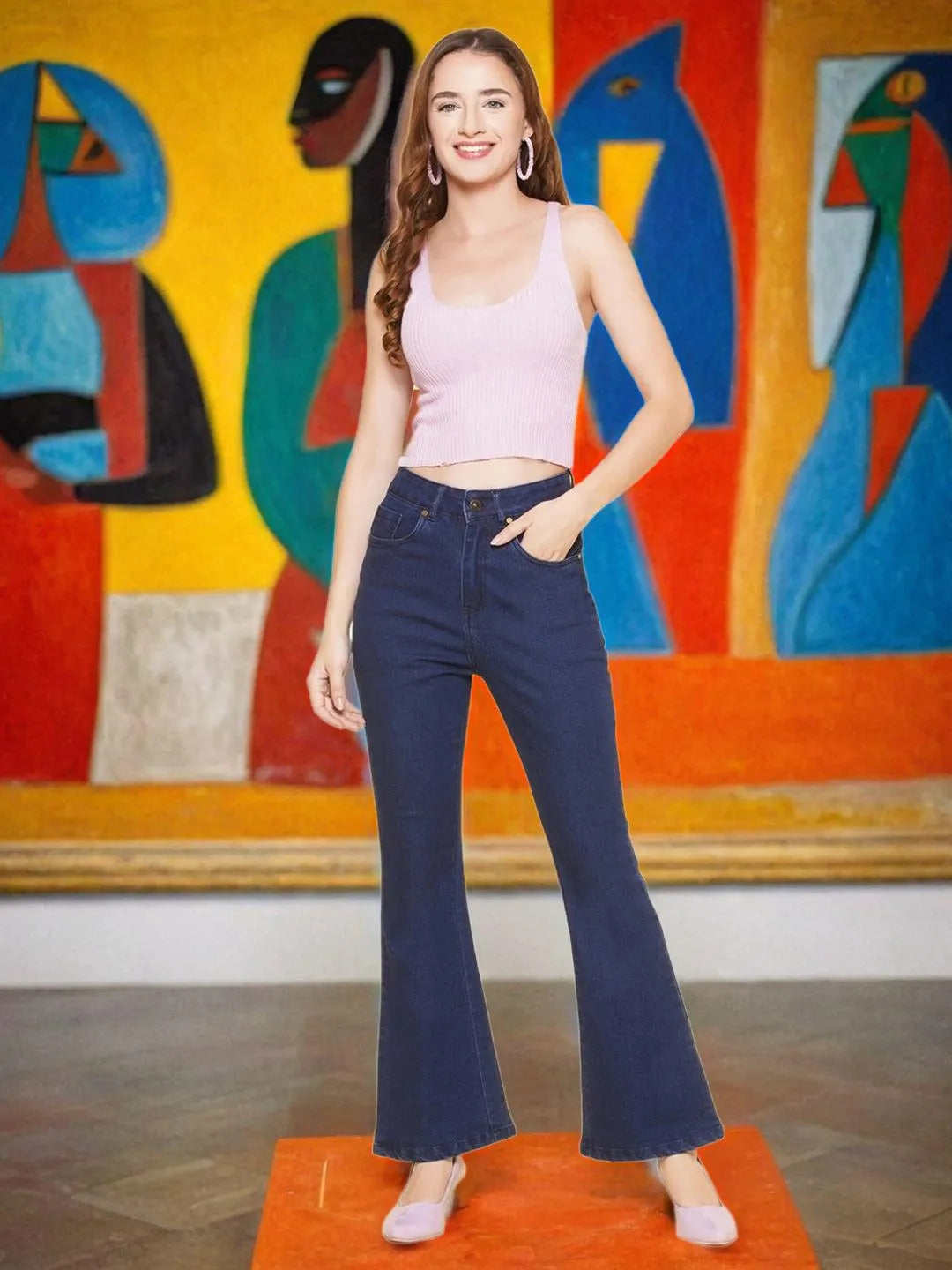 Boot Cut Blue High Rise Jeans For Women