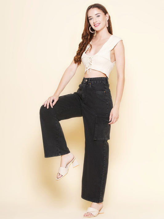 Women Cargo Wide Leg Jeans in Charcoal Grey