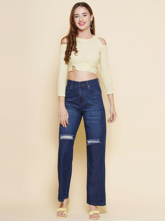 Women Knee Slit Jeans in Dark Blue