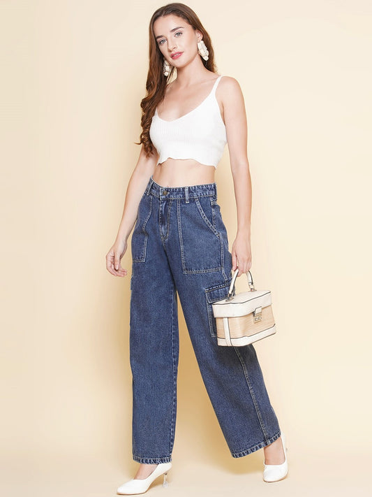 Women High Rise Wide Leg Dark Blue Jeans