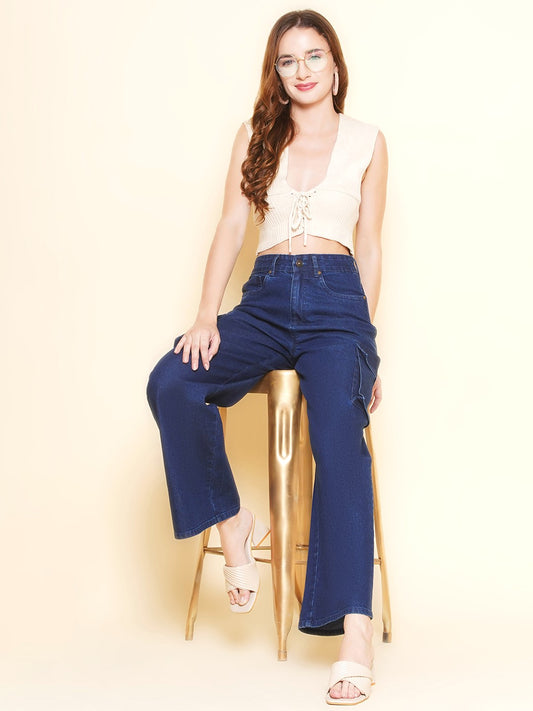 Women Cargo High Rise Dark Blue Jeans