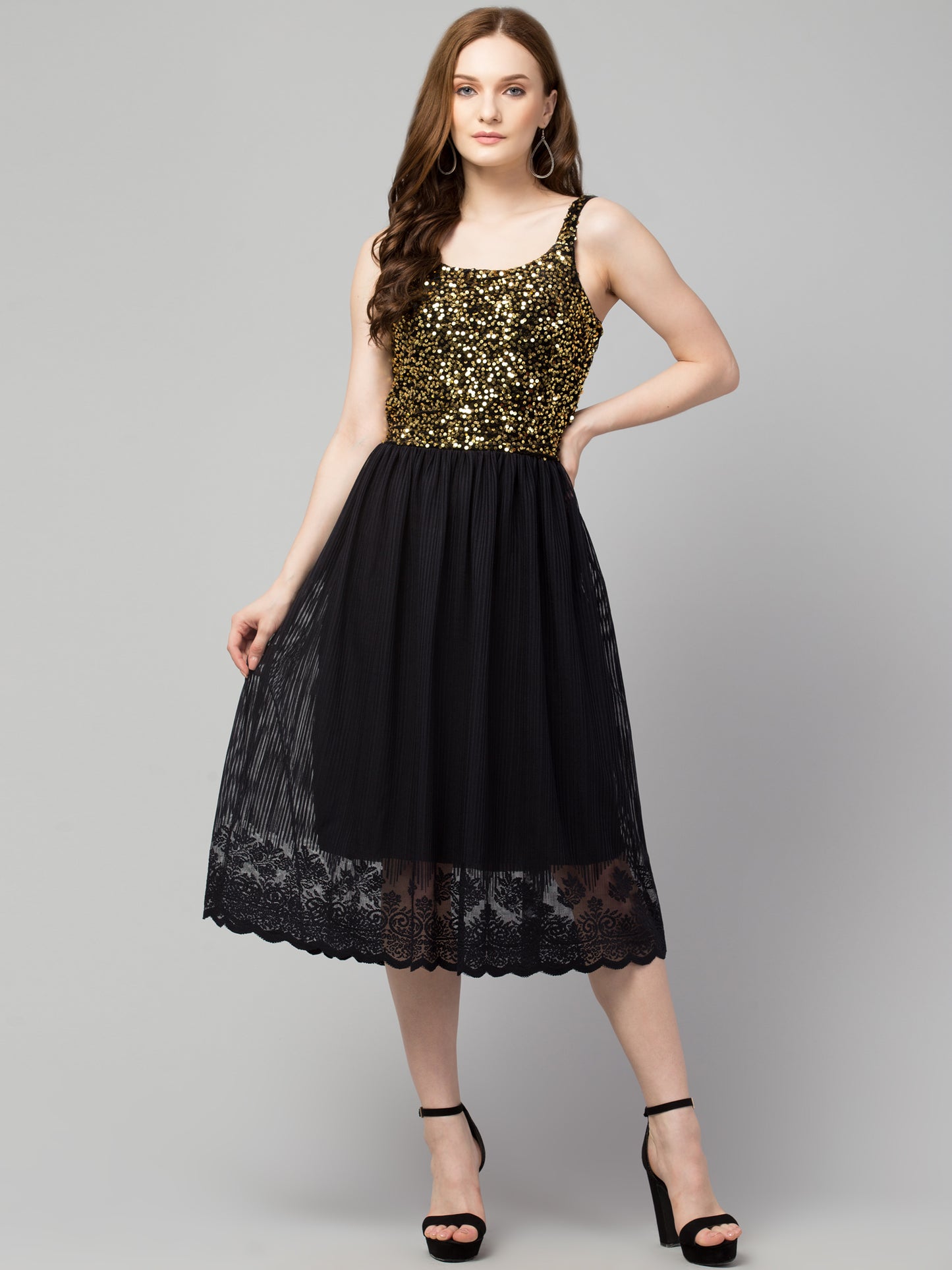 Golden Fit and Flare Sequins Party Wear Dress