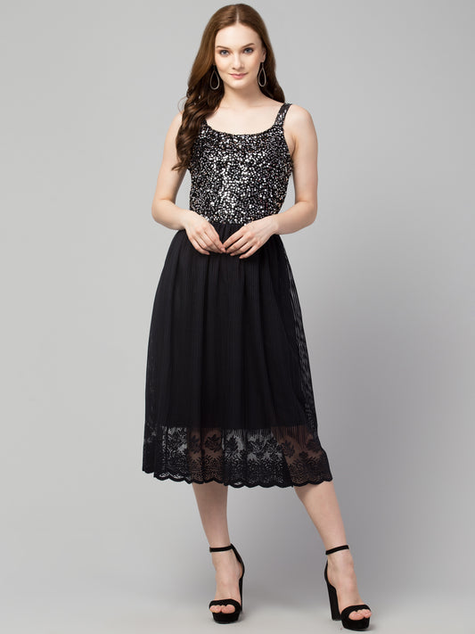 Silver Fit and Flare Sequins Party Wear Dress